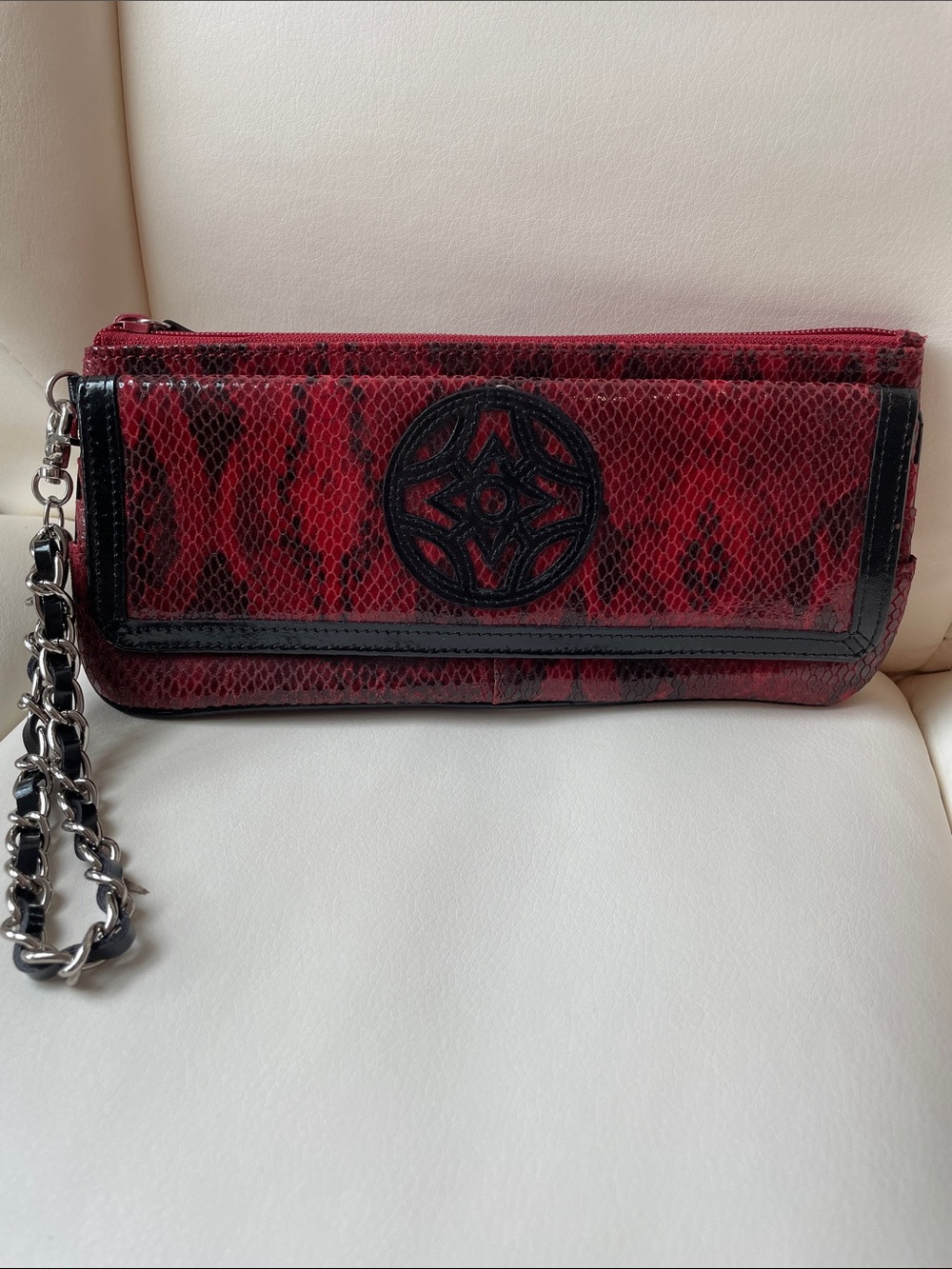 Kate Landry Red Snake-Print Wristlet Clutch with Black Trim